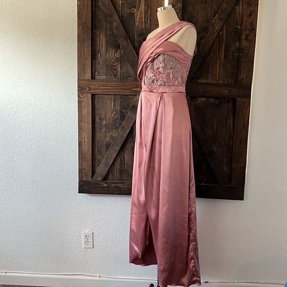 Satin One Shoulder Maxi embellished sequin gown weeding formal Dress large - Picture 4 of 14